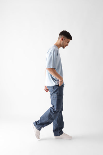 Classic oversized ice blue tshirt for men - side view full - unbound crew