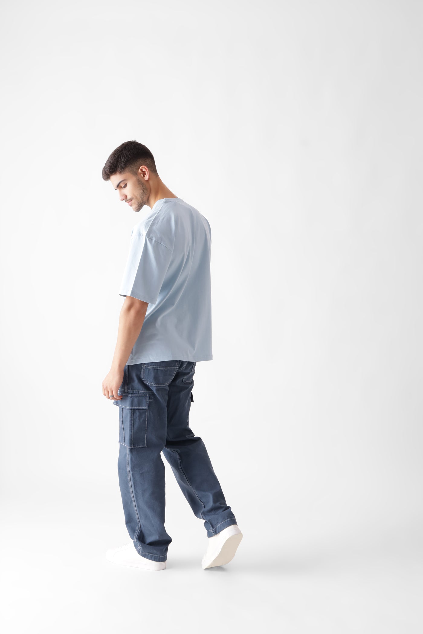 Classic oversized ice blue tshirt for men - back view full - unbound crew