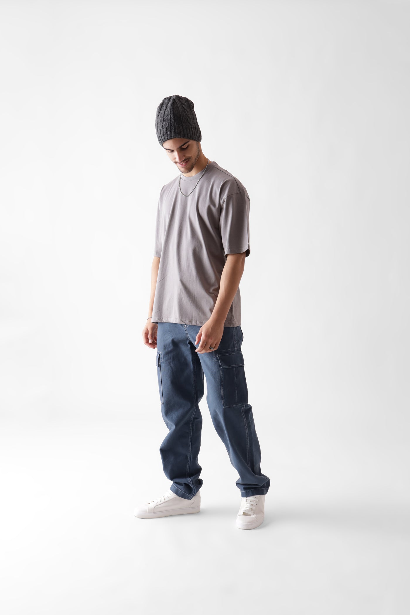 Classic oversized grey tshirt for men - front view full - unbound crew