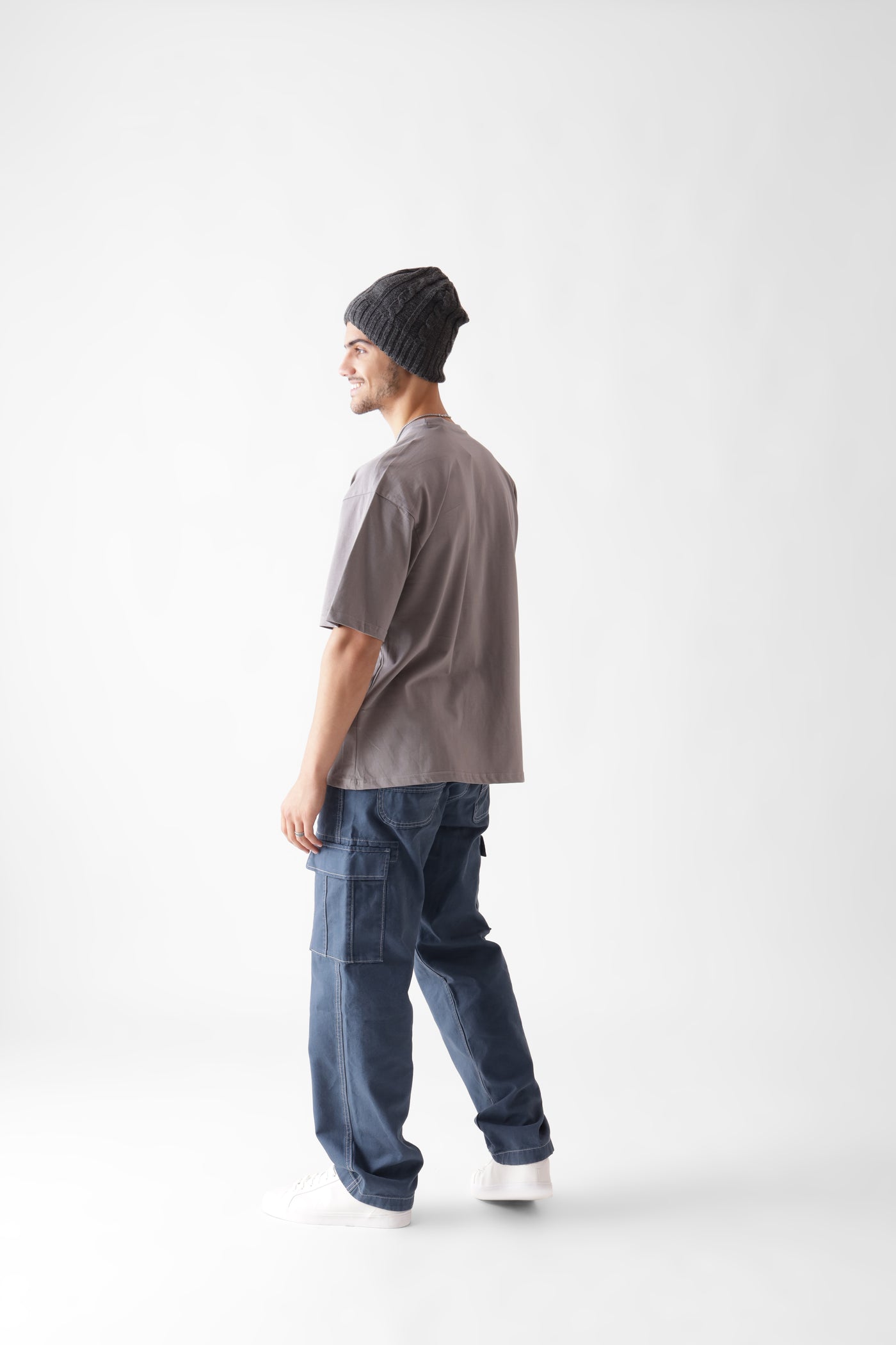 Classic oversized grey tshirt for men - back view full - unbound crew