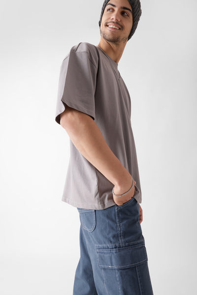 Classic oversized grey tshirt for men - side view full - unbound crew