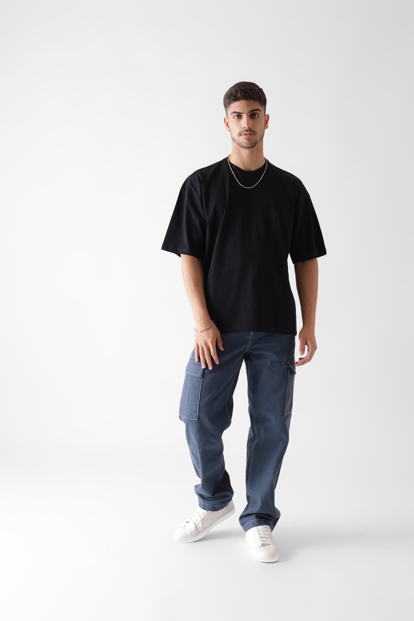 Classic oversized black tshirt for men - front view full - unbound crew