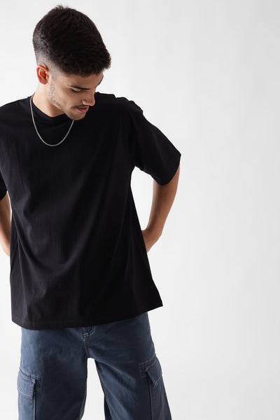 Classic oversized black tshirt for men - front view - unbound crew