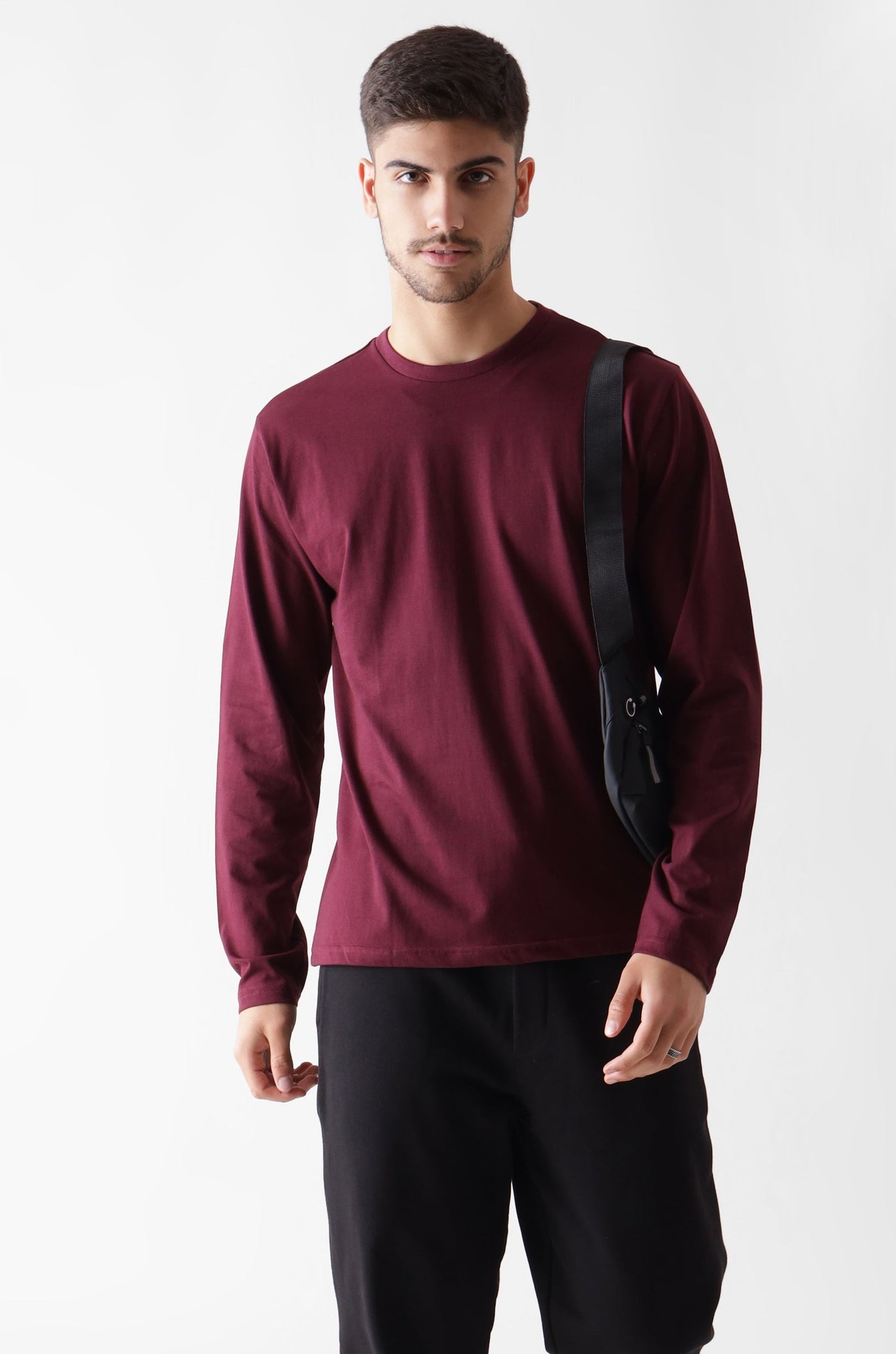 Classic long sleeve wine tshirt for men - front view - unbound crew