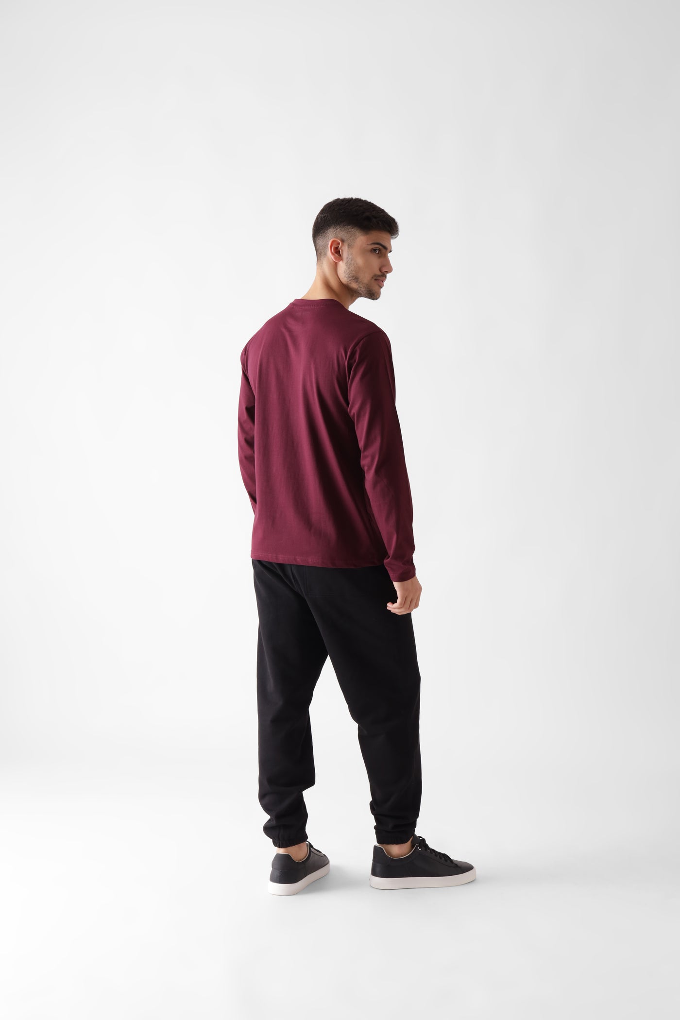 Classic long sleeve wine tshirt for men - back view - unbound crew