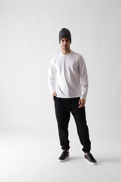 Classic long sleeve white tshirt for men - front view full - unbound crew