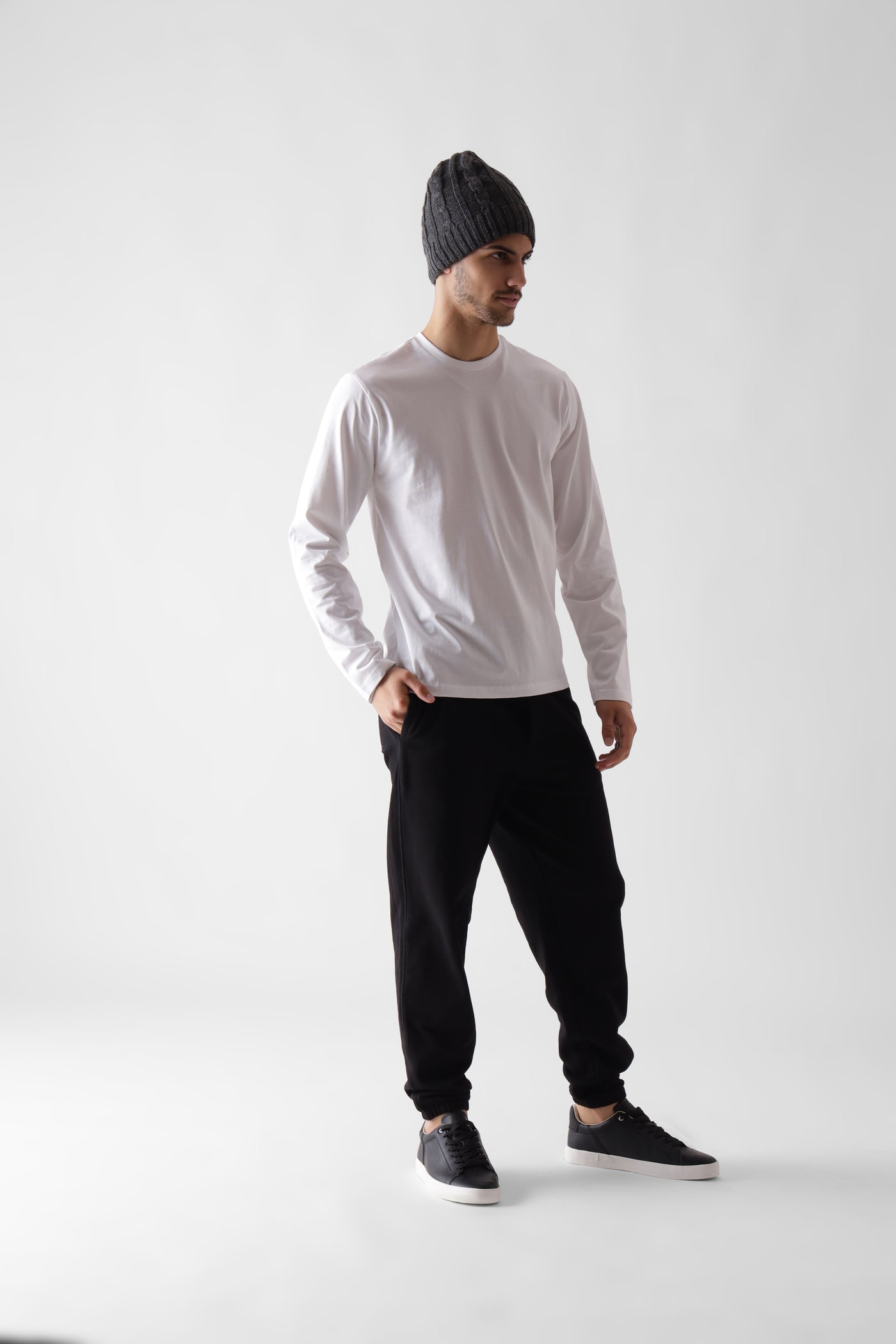 Classic long sleeve white tshirt for men - front view full - unbound crew