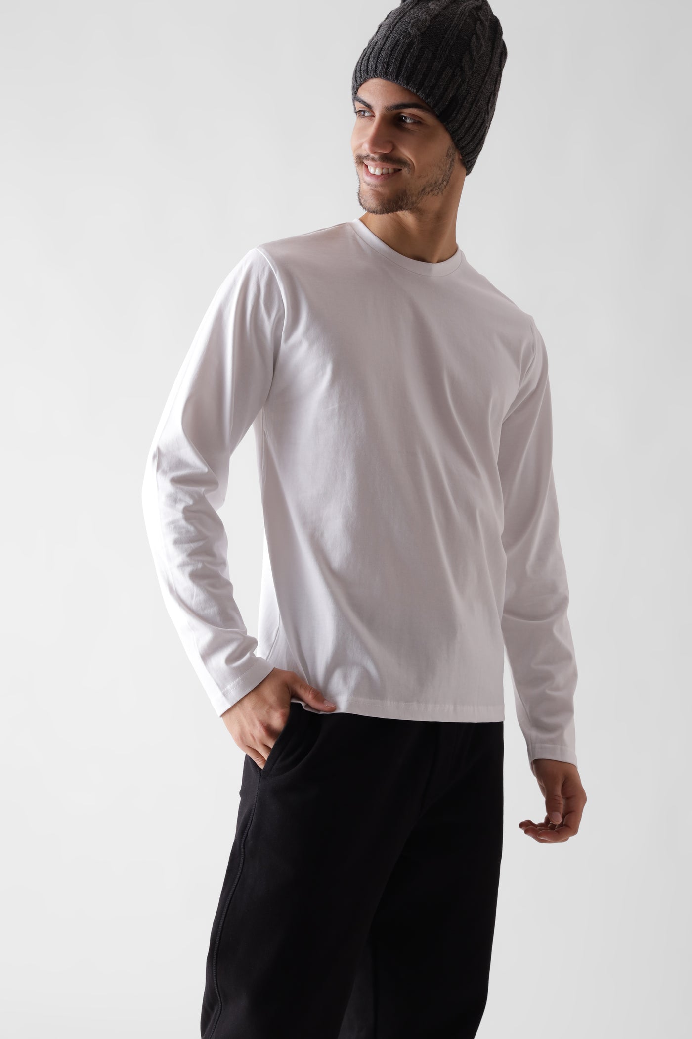 Classic long sleeve white tshirt for men - front view full - unbound crew