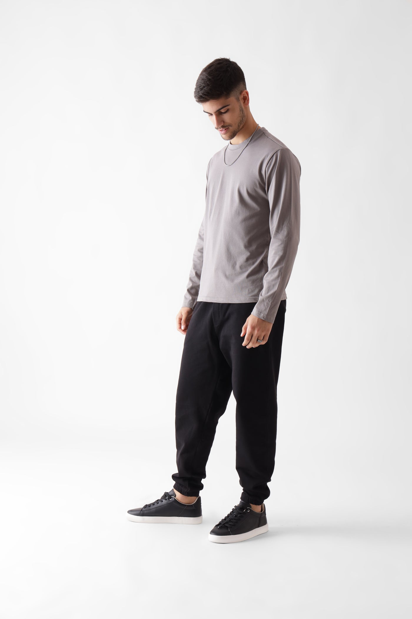 Classic long sleeve grey tshirt for men - front view full - unbound crew