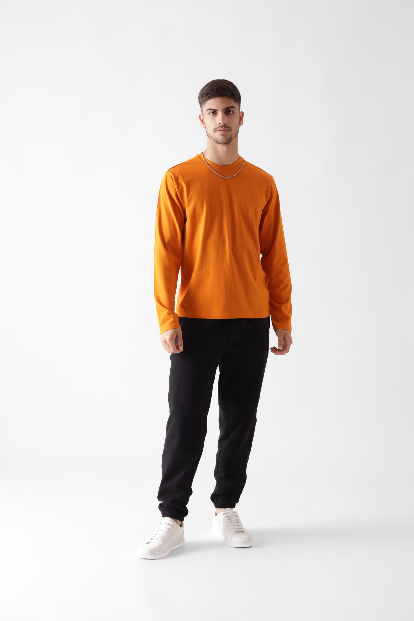 Classic long sleeve orange tshirt for men - front view full - unbound crew