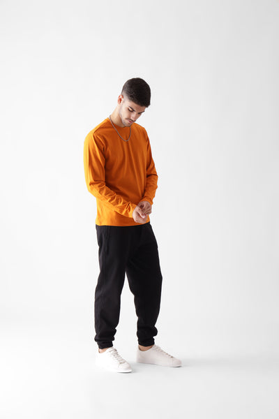 Classic long sleeve orange tshirt for men - front view full - unbound crew