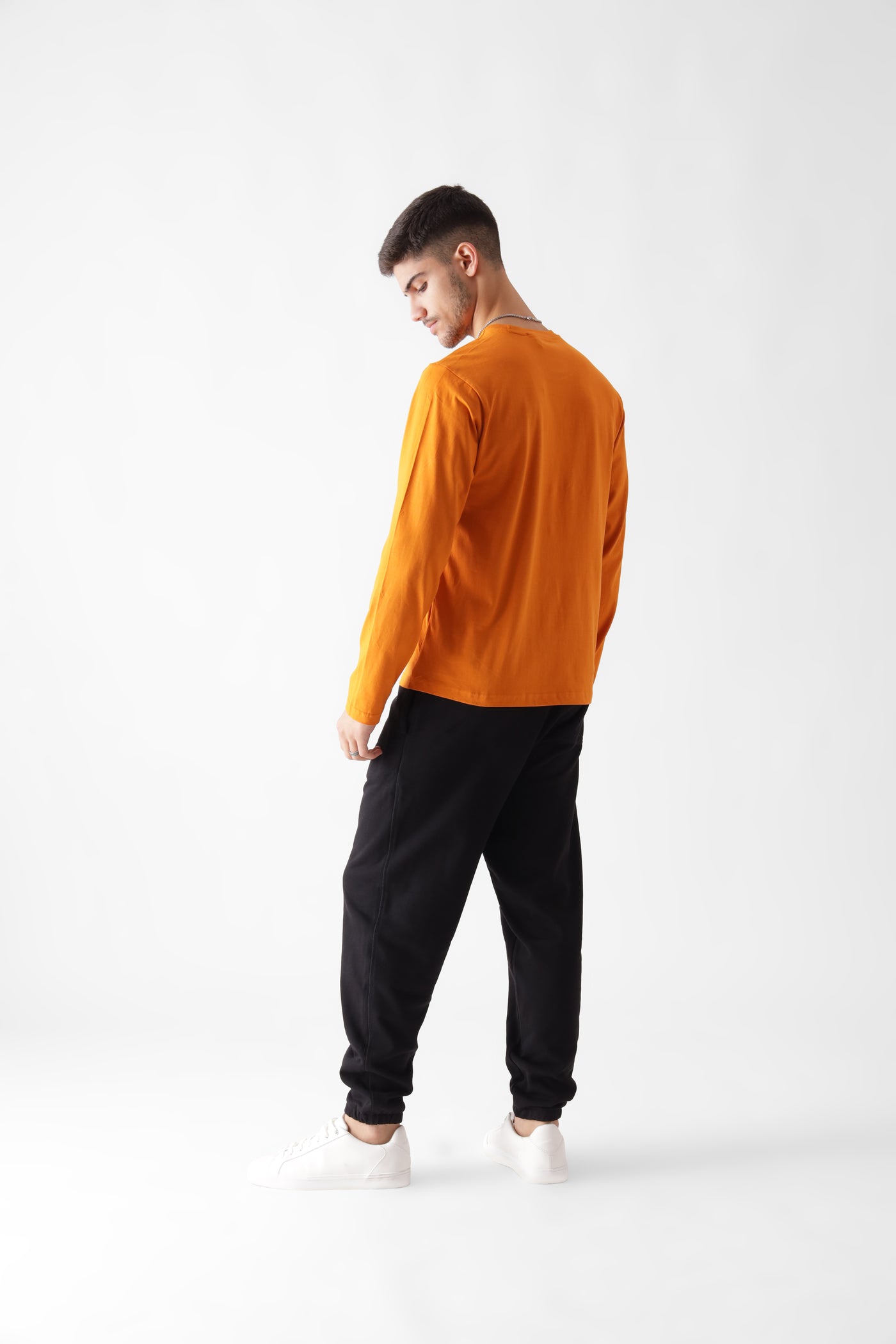 Classic long sleeve orange tshirt for men - back view full - unbound crew