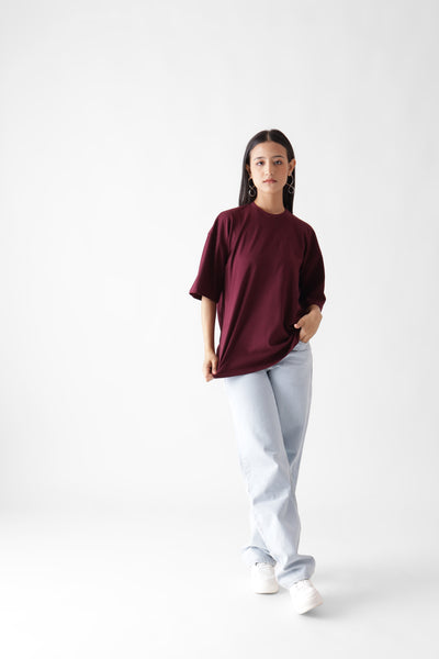 Classic oversized wine tshirt for women - front view full - unbound crew