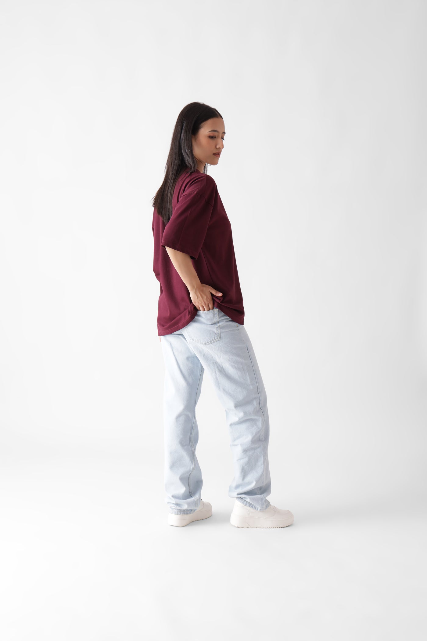 Classic oversized wine tshirt for women - back view full - unbound crew