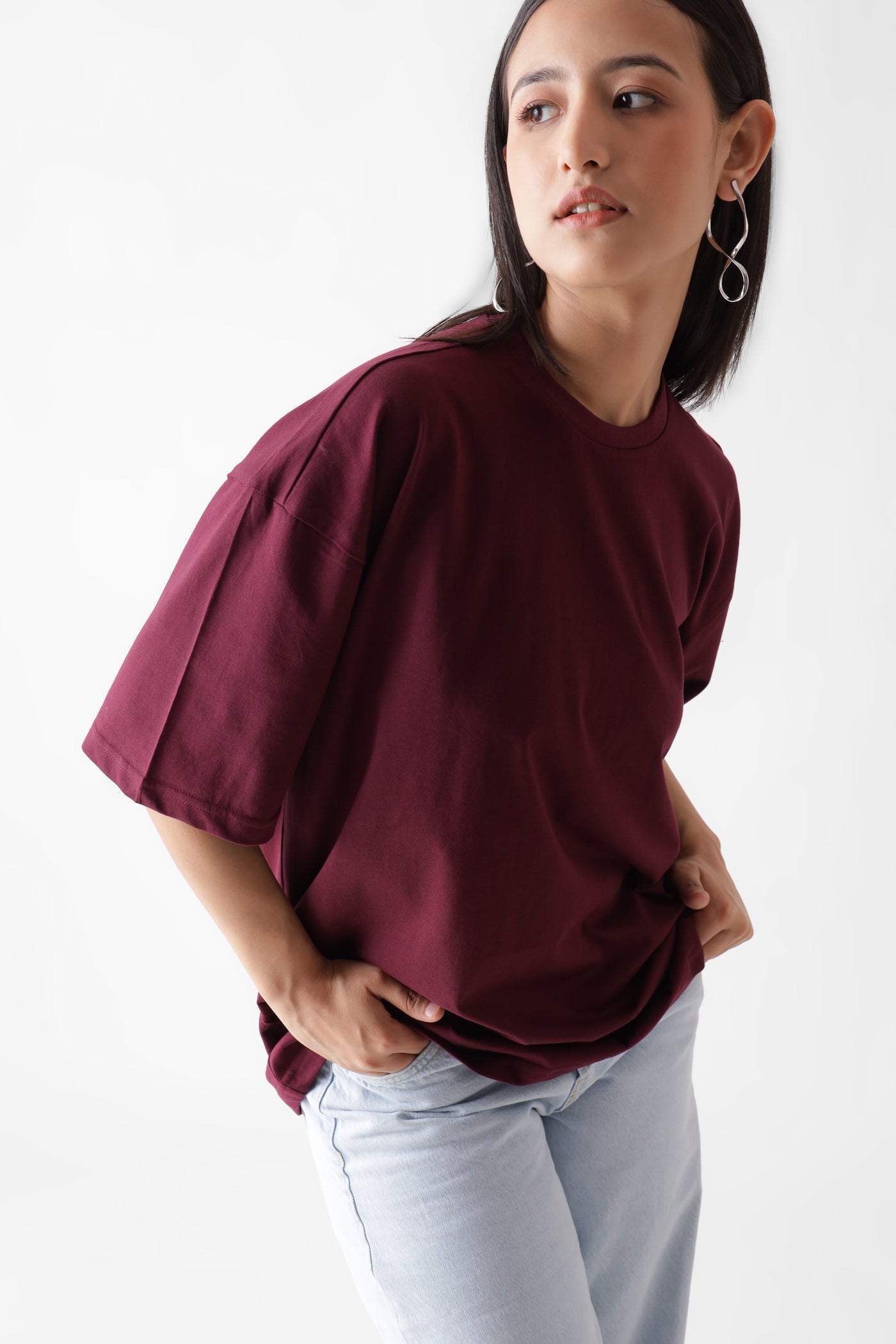 Classic oversized wine tshirt for women - front view - unbound crew