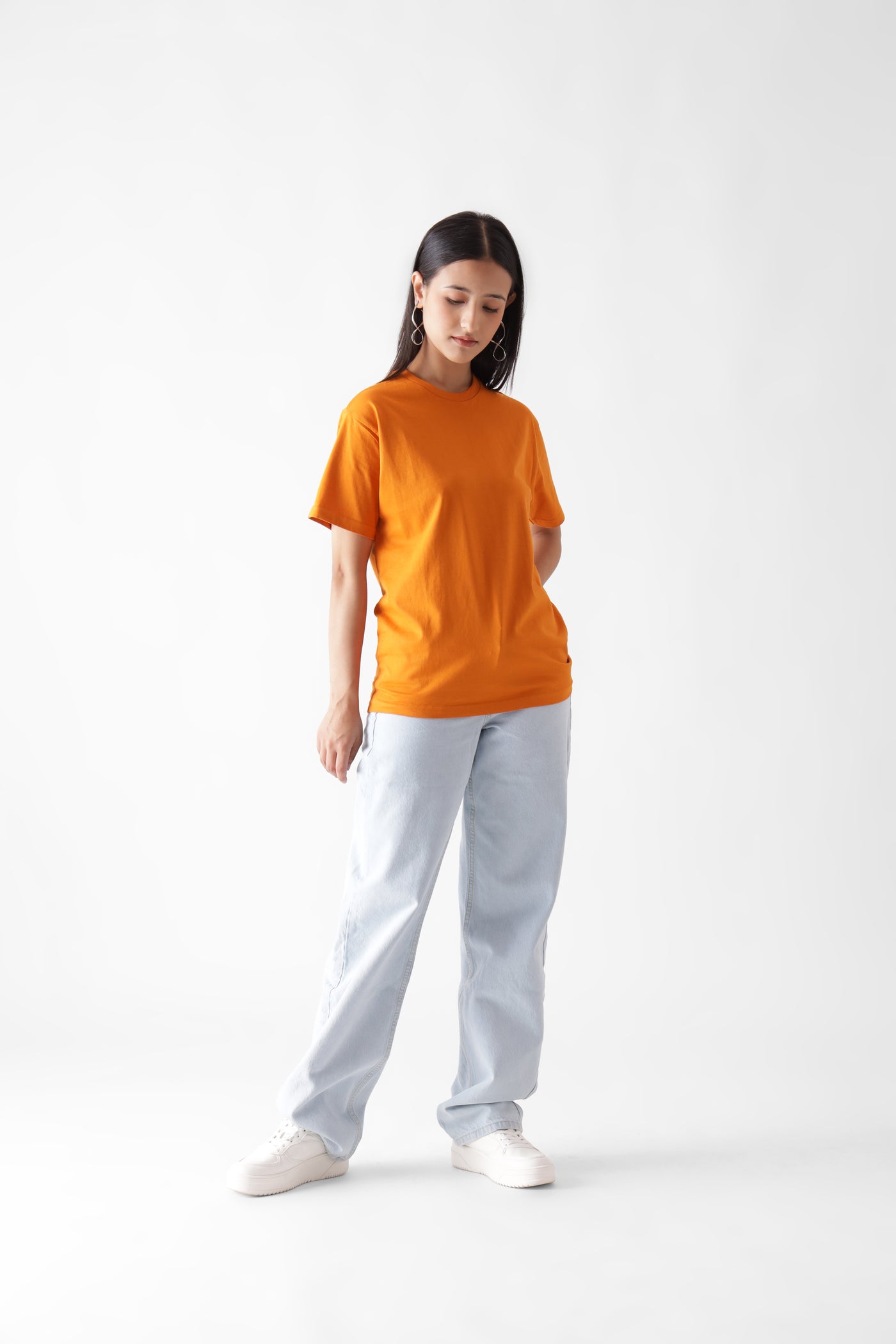 Classic half sleeve orange tshirt for women - front view full - unbound crew