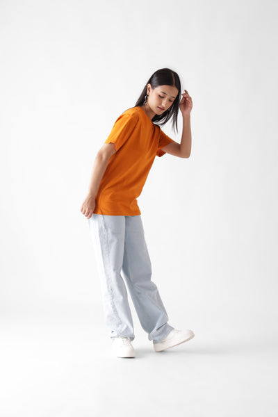 Classic half sleeve orange tshirt for women - front side view full - unbound crew