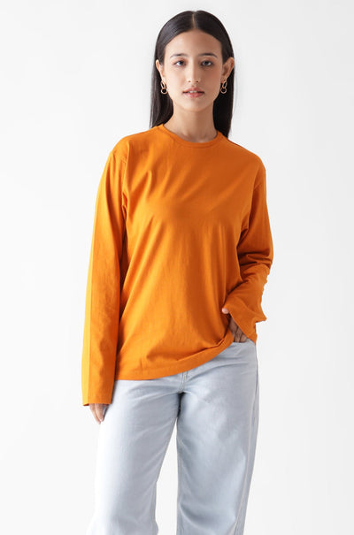 Classic long sleeve orange tshirt for women - front view - unbound crew