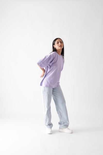 Classic oversized lavender tshirt for women - hands on hips front side view - unbound crew