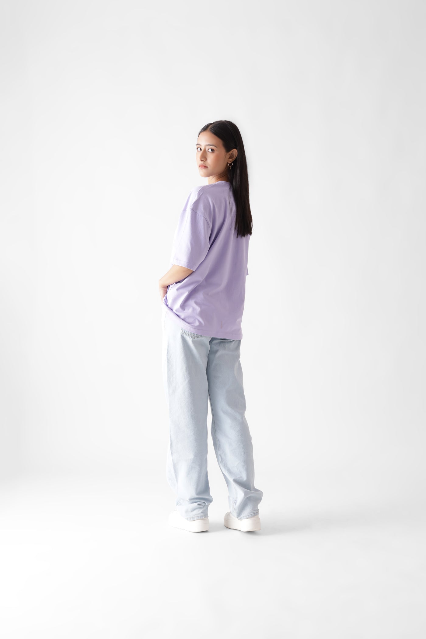 Classic oversized lavender tshirt for women - back view full - unbound crew