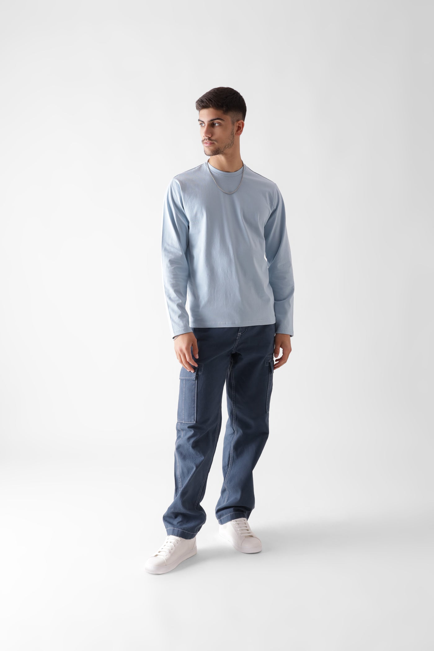 Classic long sleeve ice blue tshirt for men - front view full - unbound crew