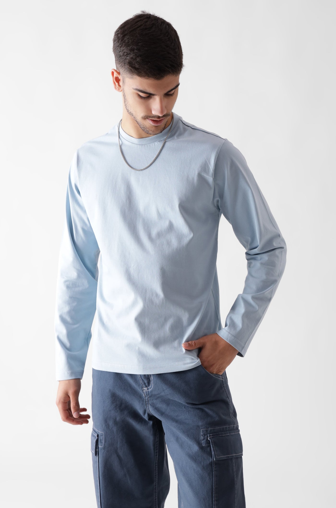 Classic long sleeve ice blue tshirt for men - front view looking down - unbound crew