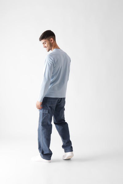 Classic long sleeve ice blue tshirt for men - back view - unbound crew